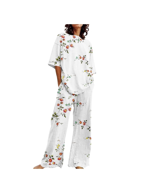 Cotton Pajamas Womens Pajama Sets Lounge Sets Summer Loose Short Sleeve Floral Print Top Shirt With Pants Large Size 2 Set Women'S Sleepwear Two Piece Sets for Women Beige XL