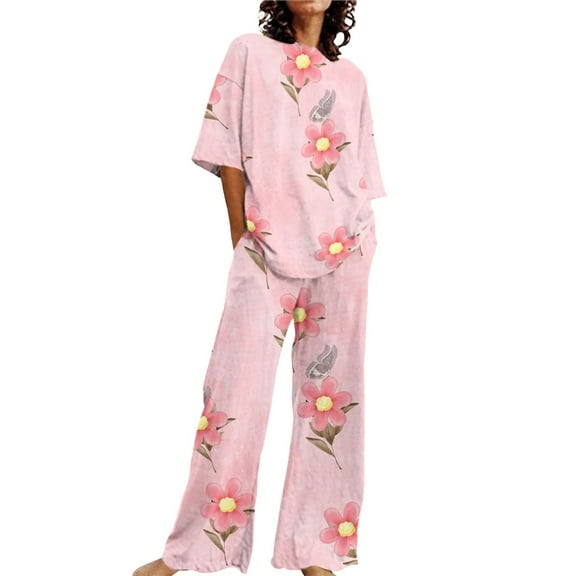 Alitao Cotton Pajamas Womens Pajama Sets Lounge Sets Summer Loose Short Sleeve Floral Print Top Shirt With Pants Large Size 2 Set Women'S Sleepwear Two Piece Sets for Women Pink L