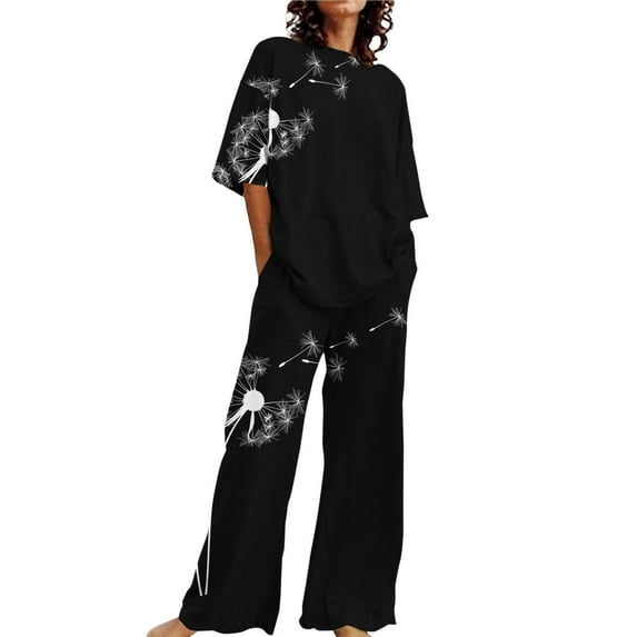 Alitao Cotton Pajamas Womens Pajama Sets Lounge Sets Summer Loose Short Sleeve Floral Print Top Shirt With Pants Large Size 2 Set Women'S Sleepwear Two Piece Sets for Women Black 3XL