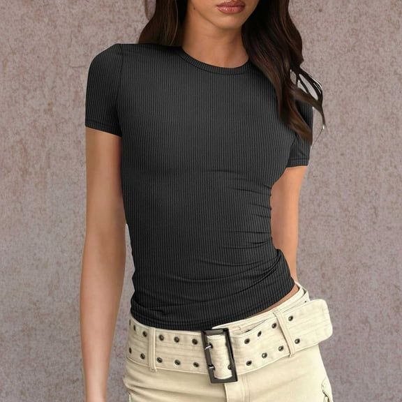 Alitao Crop&nbsp;Tops Going Out Tops Women Crop Tops Short Sleeve Ribbed Knit Shirts Cute Bow Embroidery Tee Shirts Teen Girls Slim Baby Tees Womens T Shirts Summer Tops Black L