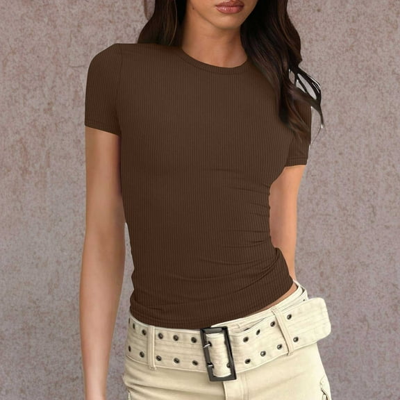 Alitao Crop Tops Going Out Tops Women Crop Tops Short Sleeve Ribbed Knit Shirts Cute Bow Embroidery Tee Shirts Teen Girls Slim Baby Tees Womens T Shirts Summer Tops Coffee L