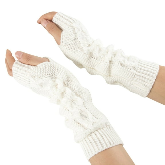Alitao Fingerless Gloves Arm Sleeves Winter Warm Women's Long Cable Twist Knit Acrylic Gloves Arm Warmers Fingerless Gloves Thumb Hole Gloves Mittens Cycling Gloves White One Size