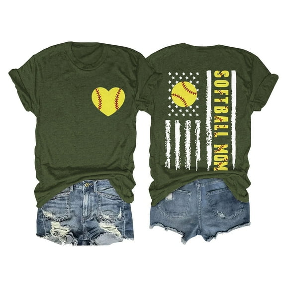 Alitao Graphic Tees Tshirts Shirts SOFTBALL MOM Baseball Print Loose T Shirt Short Sleeve Top Shirts for Women Summer Outfits Army Green L