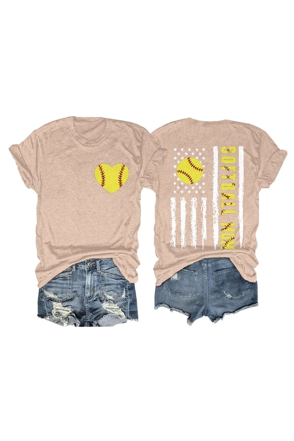 Graphic Tees Tshirts Shirts SOFTBALL MOM Baseball Print Loose T Shirt Short Sleeve Top Shirts for Women Summer Outfits Beige L