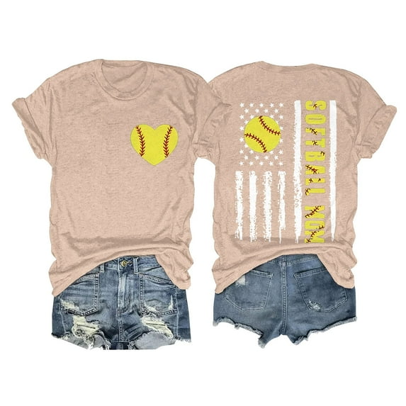 Alitao Graphic Tees Tshirts Shirts SOFTBALL MOM Baseball Print Loose T Shirt Short Sleeve Top Shirts for Women Summer Outfits Beige L