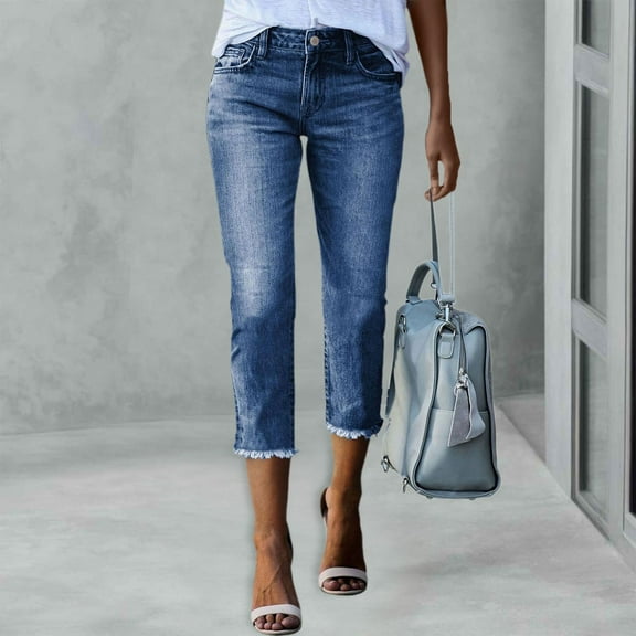 Alitao Jeans for Women Barrel Jeans Women Women Capri Jeans Stretchy Straight Leg Denim Pants Capri Pants Jeans for Women Trendy Blue M