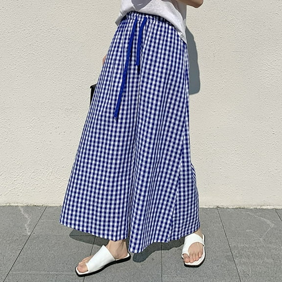 Alitao Lounge Pants Women Wide Leg Pants Woman Plaid Wide Leg Culotte Pants Gingham High Elastic Waisted Cropped Palazzo Pants With Pockets Baggy Pants Women'S Pants Blue M