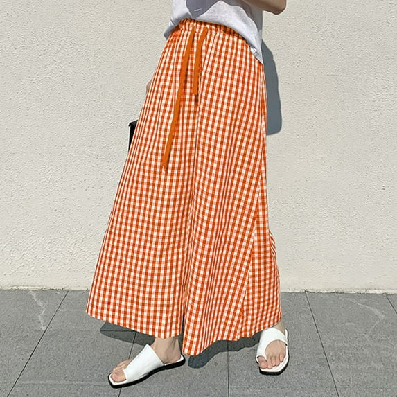 Alitao Lounge Pants Women Wide Leg Pants Woman Plaid Wide Leg Culotte Pants Gingham High Elastic Waisted Cropped Palazzo Pants With Pockets Baggy Pants Women'S Pants Orange L