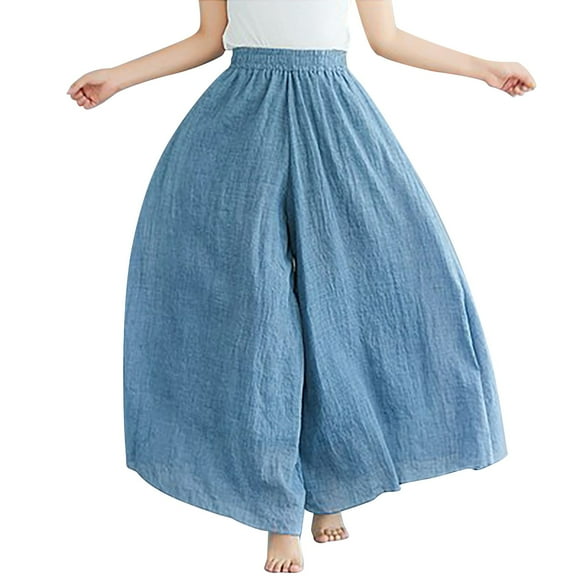 Alitao Maxi Skirt Linen Pants Women Cotton Linen Fashion Double Layer Elastic Waist Pants Culottes Material Comfortable Pants A Line Skirt Flowy Skirt Blue A