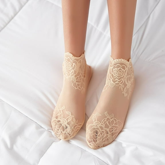 Alitao No Show Socks Ankle Socks Fashion Women Lace Soft Elastic Transparent Sock Sheer Socks Ankle Sock Slippers Fishnet Stockings Beige One Size