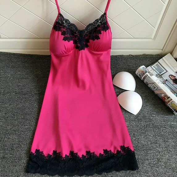 Alitao Pajamas for Women Set Silk Pajamas Satin Sleepwear Women Ladies Nightwear Nightdress with Chest Pads Plus Size Dress Women'S Sleepwear Hot Pink S