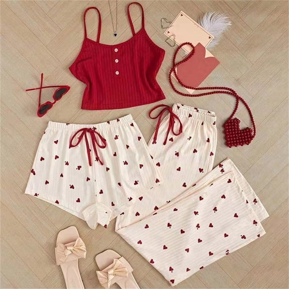 Alitao Pajamas for Women Set Lounge Sets Women's 3 Pieces Pajamas Heart Print Shorts Pants Pj Sets Sleepwear Women'S Sleepwear Two Piece Sets Red S