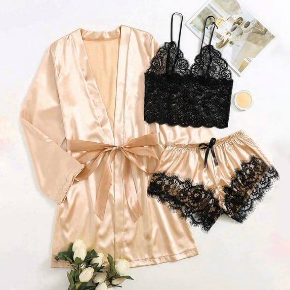 Alitao Pajamas for Women Set Silk Pajamas Satin Silk Pajamas Women Nightdress Robes Underwear Sleepwear Lounge Sets Women'S Sleepwear Beige L