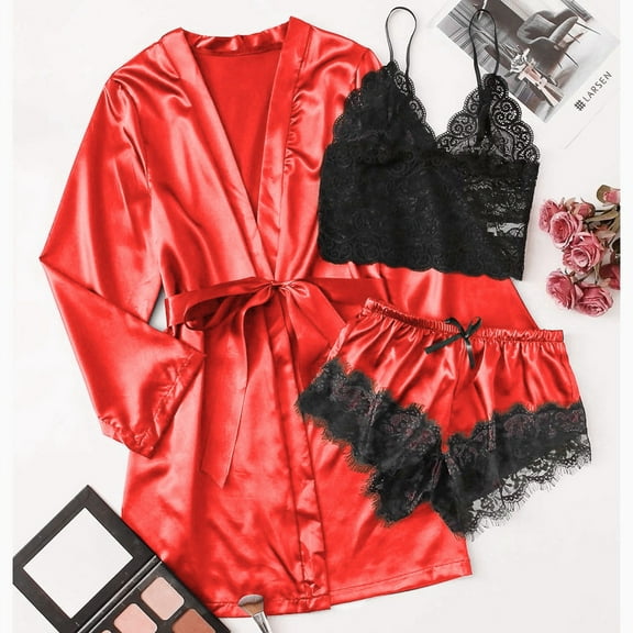 Alitao Pajamas for Women Set Silk Pajamas Satin Silk Pajamas Women Nightdress Robes Underwear Sleepwear Lounge Sets Women'S Sleepwear Red 2XL