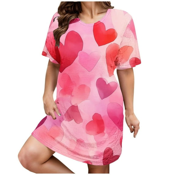 Alitao Plus Size Pajamas for Women Set Womens Pajama Sets Heart Pajamas Heart Print Short Sleeve Medium Stretch Loose Valentine's Day Nightdress Cotton Pajamas Nightgowns for Women Hot Pink 3XL