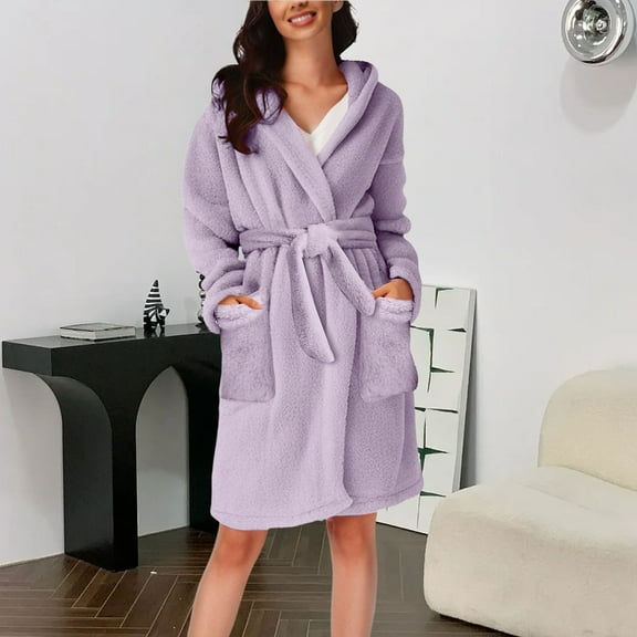 Alitao Robes for Women Lounge Sets Women's Solid Colour Long Sleeve Pocket Hooded Knee Short Plush Pajamas Robe Homewear Bathrobe Fuzzy Robe Women'S Sleepwear Purple L