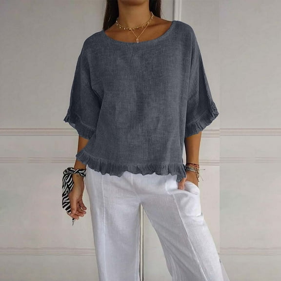 Alitao Shirts for Women Tshirts Shirts Womens Round Neck Ruffled Hem Mid Sleeve Cotton And Linen Top Linen Shirts Womens Tops Dressy Casual Dark Gray L