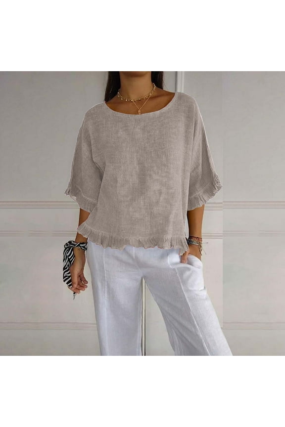 Shirts for Women Tshirts Shirts Womens Round Neck Ruffled Hem Mid Sleeve Cotton And Linen Top Linen Shirts Womens Tops Dressy Casual Beige M