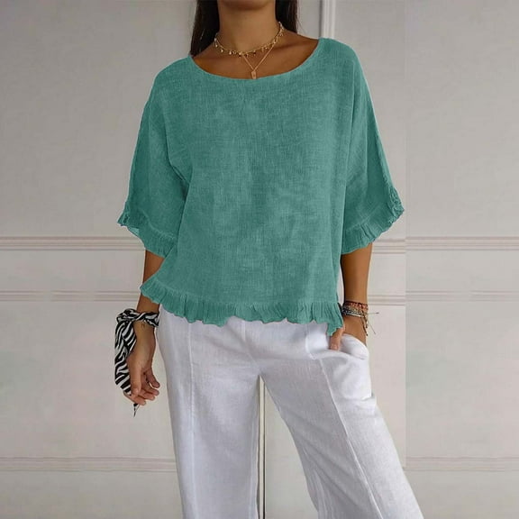 Alitao Shirts for Women Tshirts Shirts Womens Round Neck Ruffled Hem Mid Sleeve Cotton And Linen Top Linen Shirts Womens Tops Dressy Casual Green L