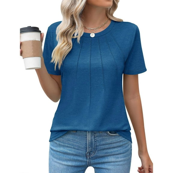 Alitao Tshirts Shirts Blouses for Women Dressy Casual Casual Crew Neck Short Sleeve Pleated Tops Blouses Fashion Clothes 2024 Short Sleeve Shirts Summer Tops Blue L