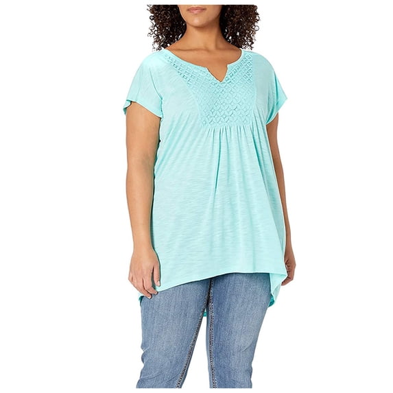 Alitao Tshirts Shirts Short Sleeve Shirts Plus Size Slub Crochet Bib Tunic Lace Tops T Shirts Blue 2 3XL
