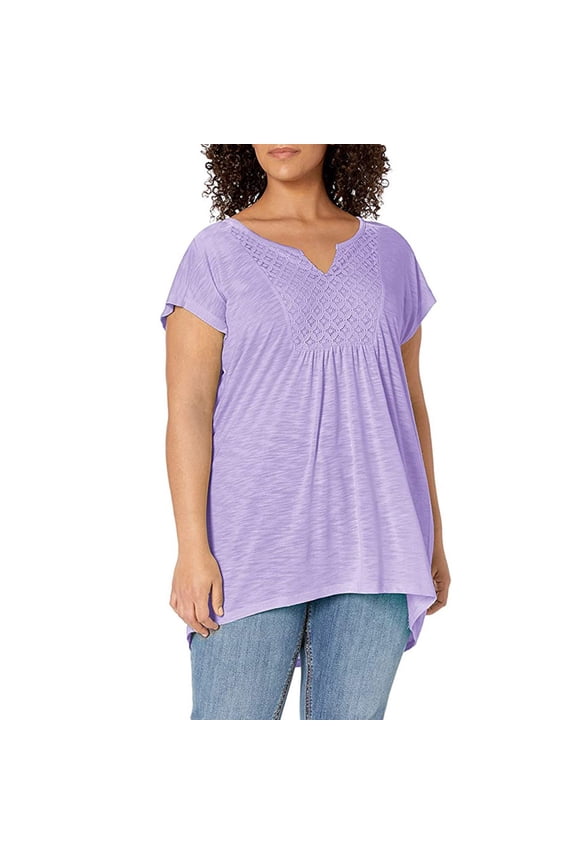 Tshirts Shirts Short Sleeve Shirts Plus Size Slub Crochet Bib Tunic Lace Tops T Shirts Purple 4XL