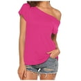 thumbnail image 1 of Alitao Tshirts Shirts Off The Shoulder Tops Ladies Casual Off Shoulder Solid Color Irregular Top Short Sleeve T Shirt T Shirts Summer Tops Hot Pink 2XL, 1 of 8