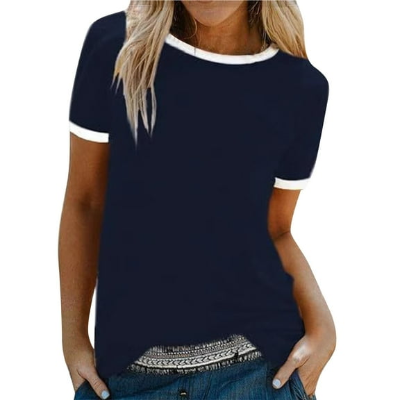 Alitao Tshirts Shirts Womens T Shirts Womens Crew Neck Tops Contrast Binding Short Sleeve T Shirt Summer Tee Cotton Tshirts Summer Tops Navy M