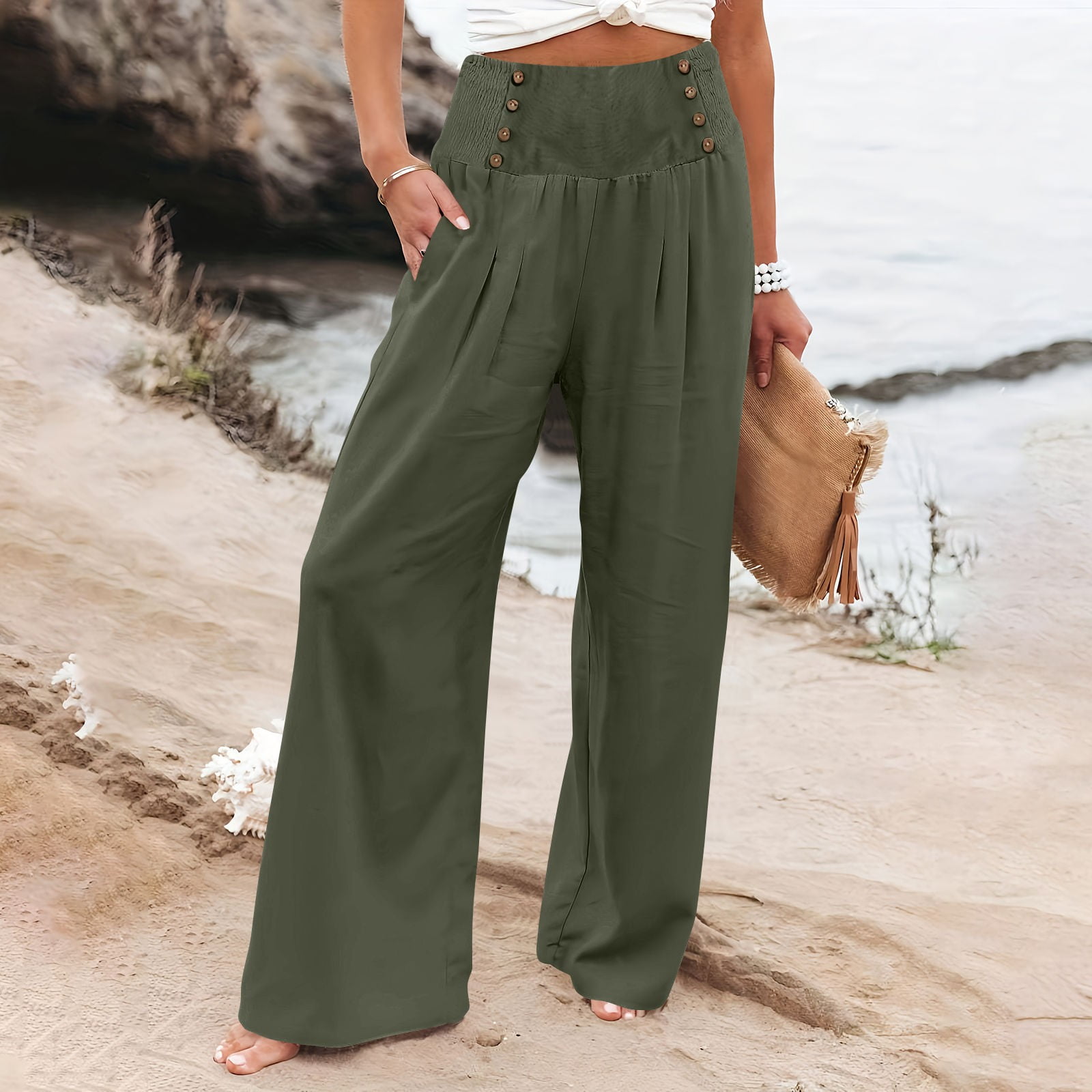 Palm Linen Wide-Leg Pants – Palm Green & Coral Pink | Brazilian Resortwear