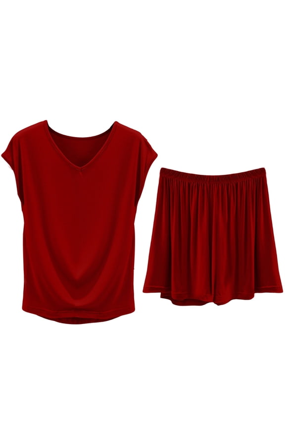 Womens Pajama Sets Bamboo Pajamas for Women Lounge Sets Summer Loungewear Set Tank Top And Shorts Trouser Suit Short Sweatsuit OutfitsPj Sets Matching Sets Women Clothing Wine 2XL