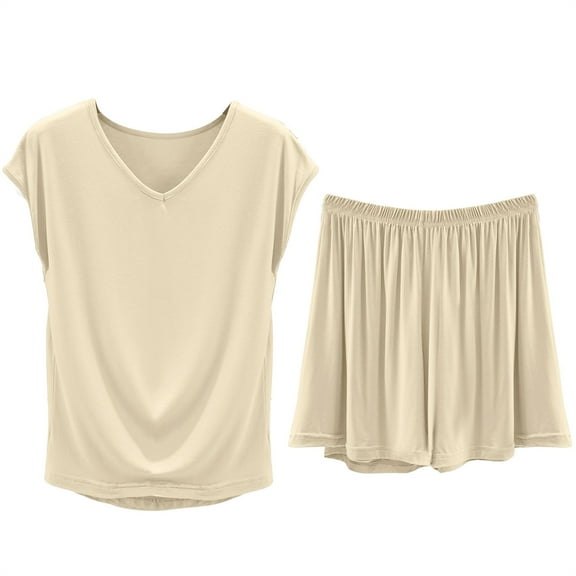 Alitao Womens Pajama Sets Bamboo Pajamas for Women Lounge Sets Summer Loungewear Set Tank Top And Shorts Trouser Suit Short Sweatsuit OutfitsPj Sets Matching Sets Women Clothing Beige L