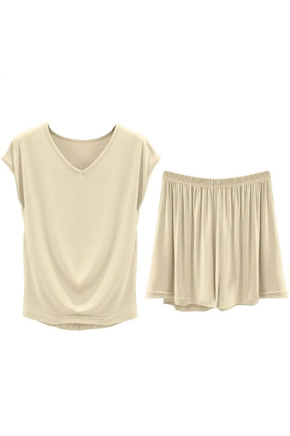 Womens Pajama Sets Bamboo Pajamas for Women Lounge Sets Summer Loungewear Set Tank Top And Shorts Trouser Suit Short Sweatsuit OutfitsPj Sets Matching Sets Women Clothing Beige XL