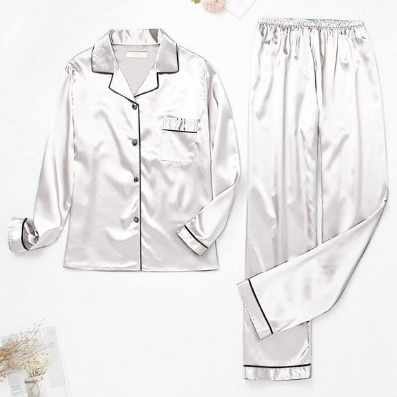 Alitao Womens Pajama Sets Lounge Sets Pajamas For Women Set Long Sleeve Button Up Sleepwear Soft Lightweight Comfy Long Pants Loungewear Silk Pajamas Two Piece Sets White 2XL