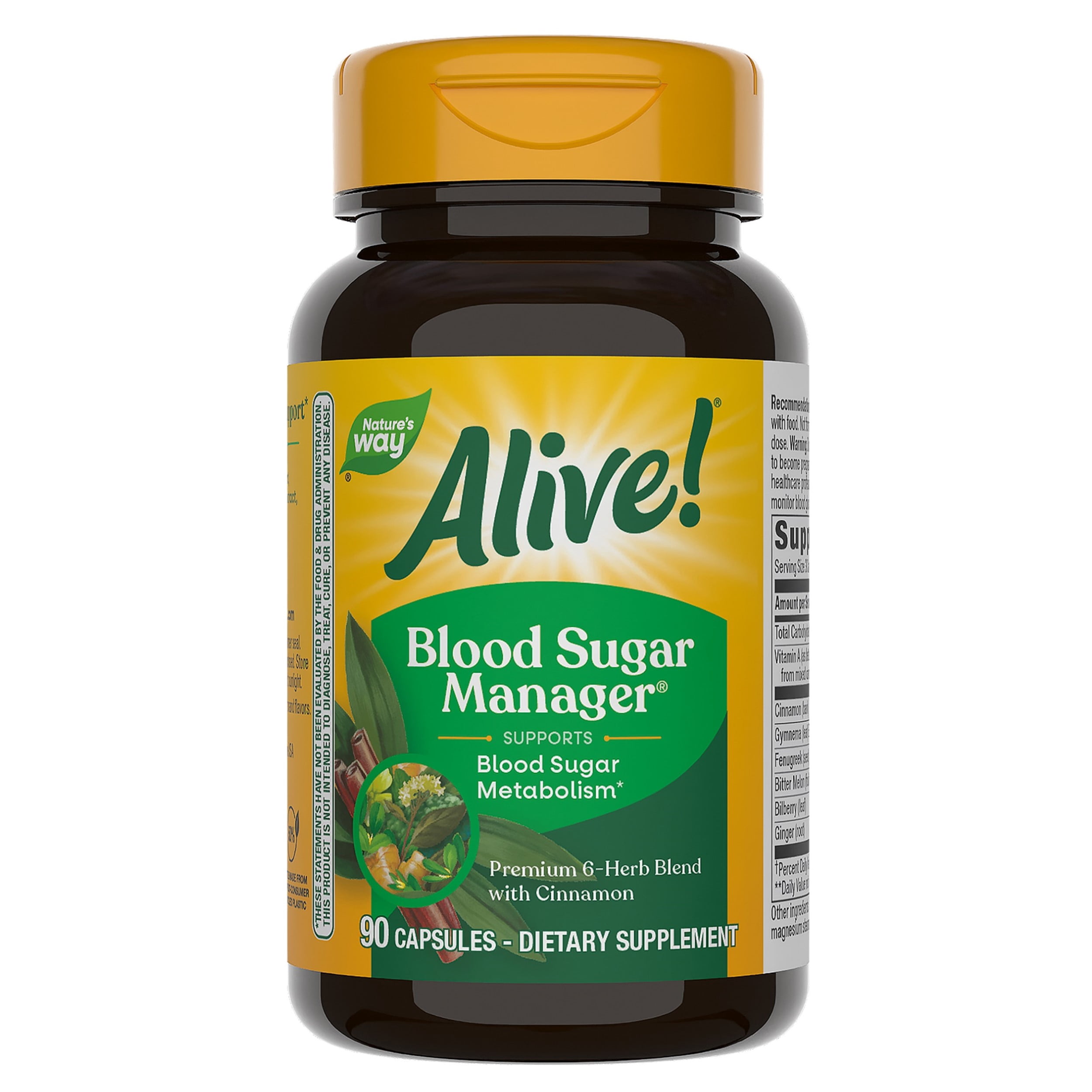 Alive! Blood Sugar Manager Capsules, 6 Herb Blend, with Cinnamon, Unisex, 90 Count