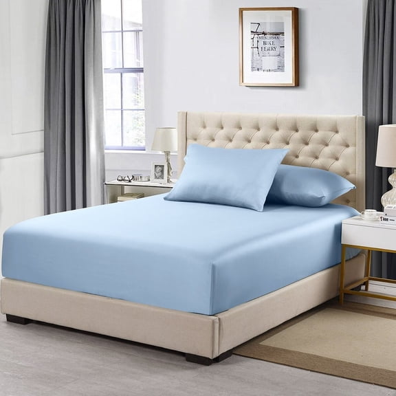 Alive Pixels Fitted Sheet 300TC Egyptian Cotton Blue Solid 15 Inch Pocket Single Fitted Sheet (Olympic Queen)
