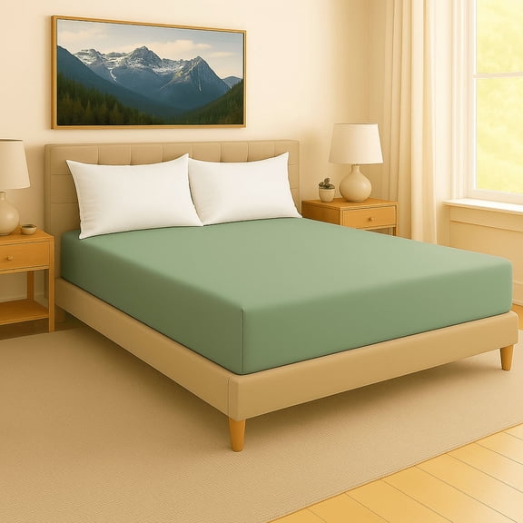 Alive Pixels Fitted Sheet Sage Solid 100% Cotton 1-Pc 24" Inch Deep Pocket 410TC (Queen, Sage)