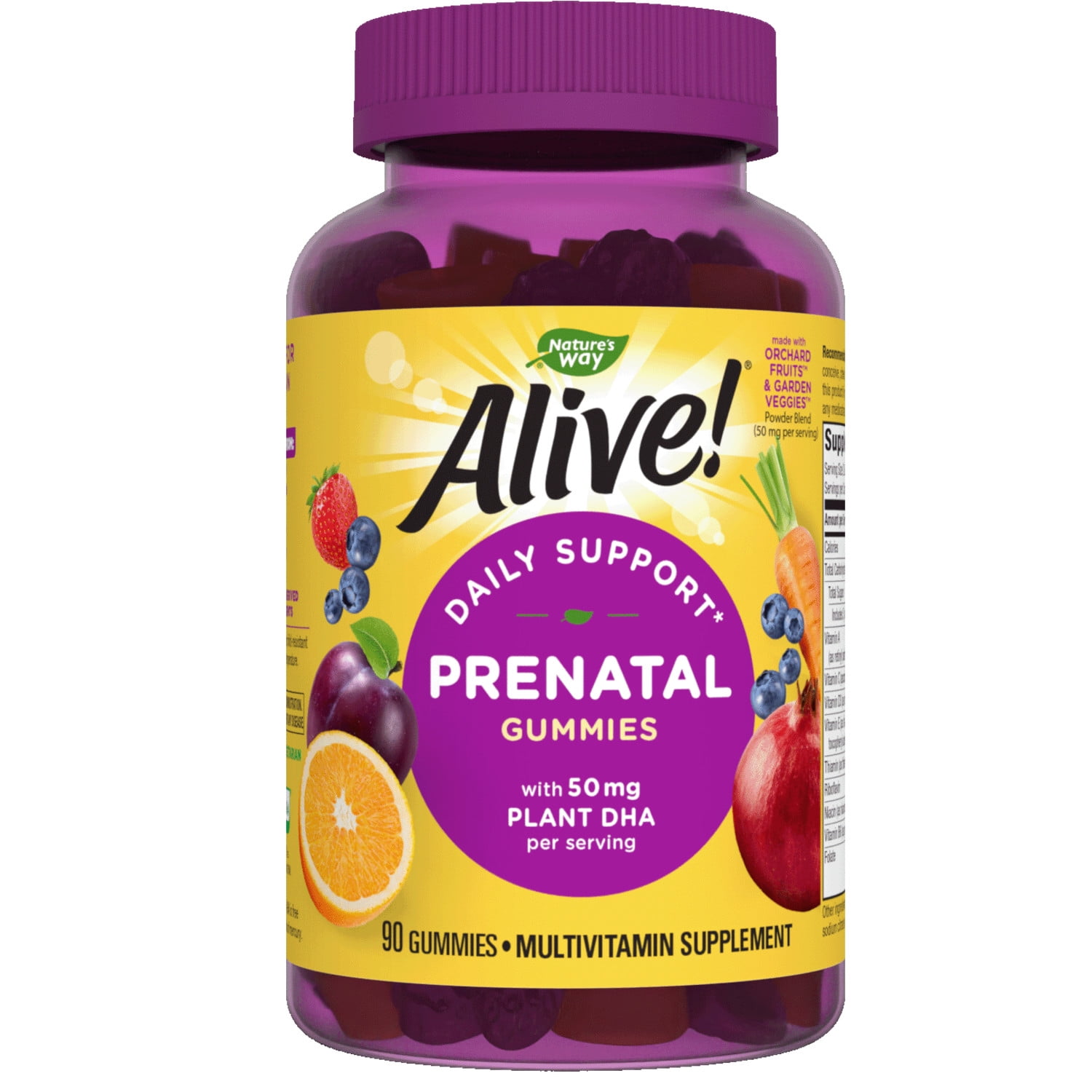 Alive! Prenatal Multivitamin Gummies for Women, 50mg PlantBased DHA Per Serving, 90 Ct
