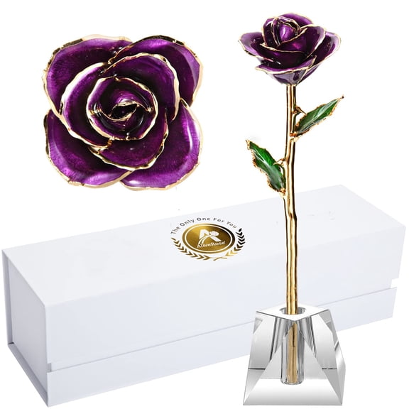 AliveRose Gold Dipped Rose,24k Gold Real Rose Gift for her, Long Stem Rose Made from Real Gold Rose for Anniversary Valentines Mothers Day Birthday (Pearl Purple with Crystal Vase) Y101