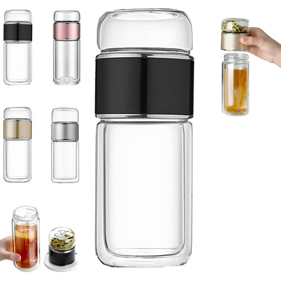 Alivefuser Tea Infuser, Alivevibes Alive Vibes 3-in-1double Layer Glass Tea Infuser for Loose Leaf Tea with Filter & Lid, Portable Tea Water Separation Infusible Tea Cup Mug for Travel (Black, 280ML)