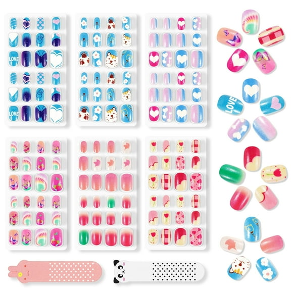 Aliver 144 Pieces Fake Press on Nails for Kids,Cute Cartoon Pattern for Children Girls Nail Art Decoration,Birthday Gifts for Age 3-12,Style B
