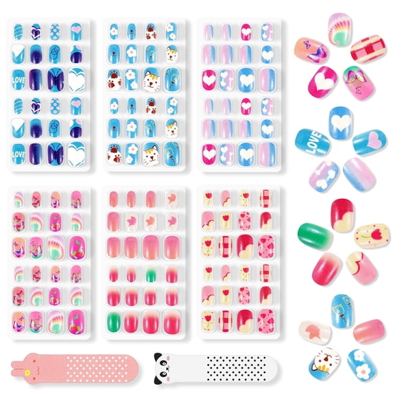 Aliver 144 Pieces Fake Press on Nails for Kids,Cute Cartoon Pattern for Children Girls Nail Art Decoration,Birthday Gifts for Age 3-12,Style B