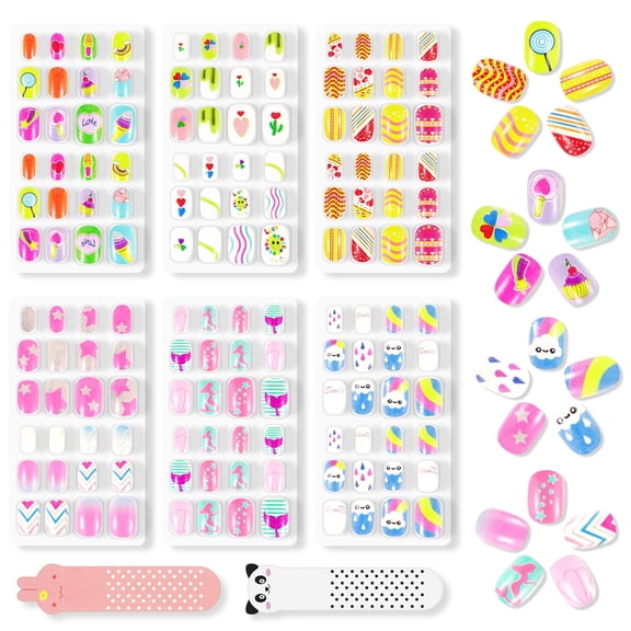 Aliver 144-Piece Fake Press-On Nails for Kids, Cute Nail Art Decoration, Gifts for Birthday & Christmas, Aged 3-12,Style C