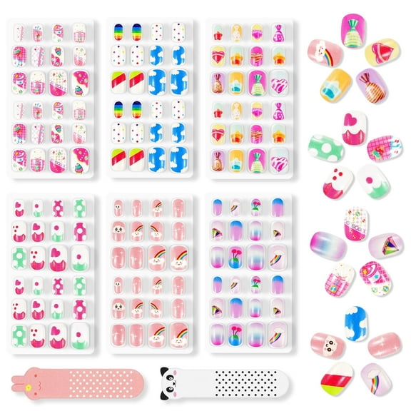 Aliver 144 Pieces Fake Press on Nails for Kids,Cute Cartoon Pattern Girls' Nail Art Decoration,Age 3-12,Style A