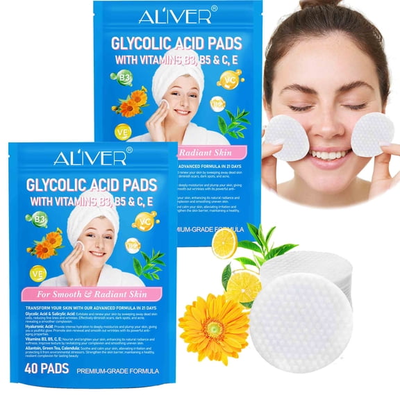 Aliver 2-Pack Glycolic Acid Pads,Cleansing Pads for Face & Body with Vitamins B3, C & E,For All Skin Types