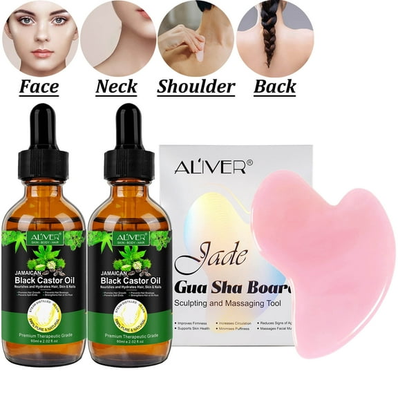 Aliver 2 Pack Jamaican Black Castor Oil for Nourish Hair & Skin + Guasha Tool, Anti Aging Massage Essential Oil,Fade Fine Lines and Soothing Skin
