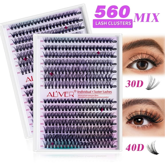 Aliver 2PC 30D+40D Single Lashes Eyelash Clusters 560 Pcs Individual Lashes 9-16 mm Mixed Lash Clusters DIY Lash Extension Self Application at Home