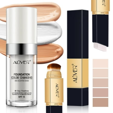 Aliver 30ml Color Changing Flawless Liquid Foundation & Concealer Stick Set, Waterproof and Sweatproof, Holds Makeup All Day Long
