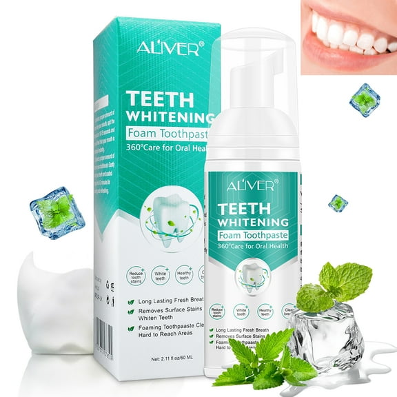 Aliver 60ml Teeth Whitening Foam Toothpaste for Adult, Dense Mousse 360 Degree Clean