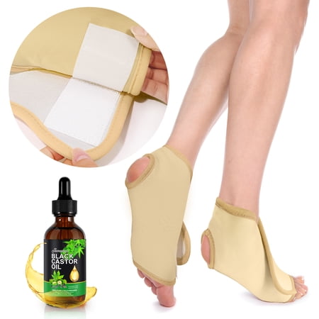 Aliver Black Castor Oil & Castor Oil Foot Wrap Kit-Reusable Essential Oil Foot Pads for Foot,Elbow and Ankle-Say Goodbye to Dry, Hard, Cracked Feet(Khaki)