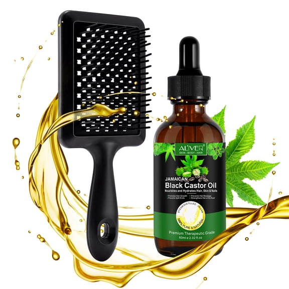 Aliver Black Castor Oil and Detangling Brush Hair Comb Set for Men and Women, Easy for Wet or Dry Hair Use, for All Hair Types